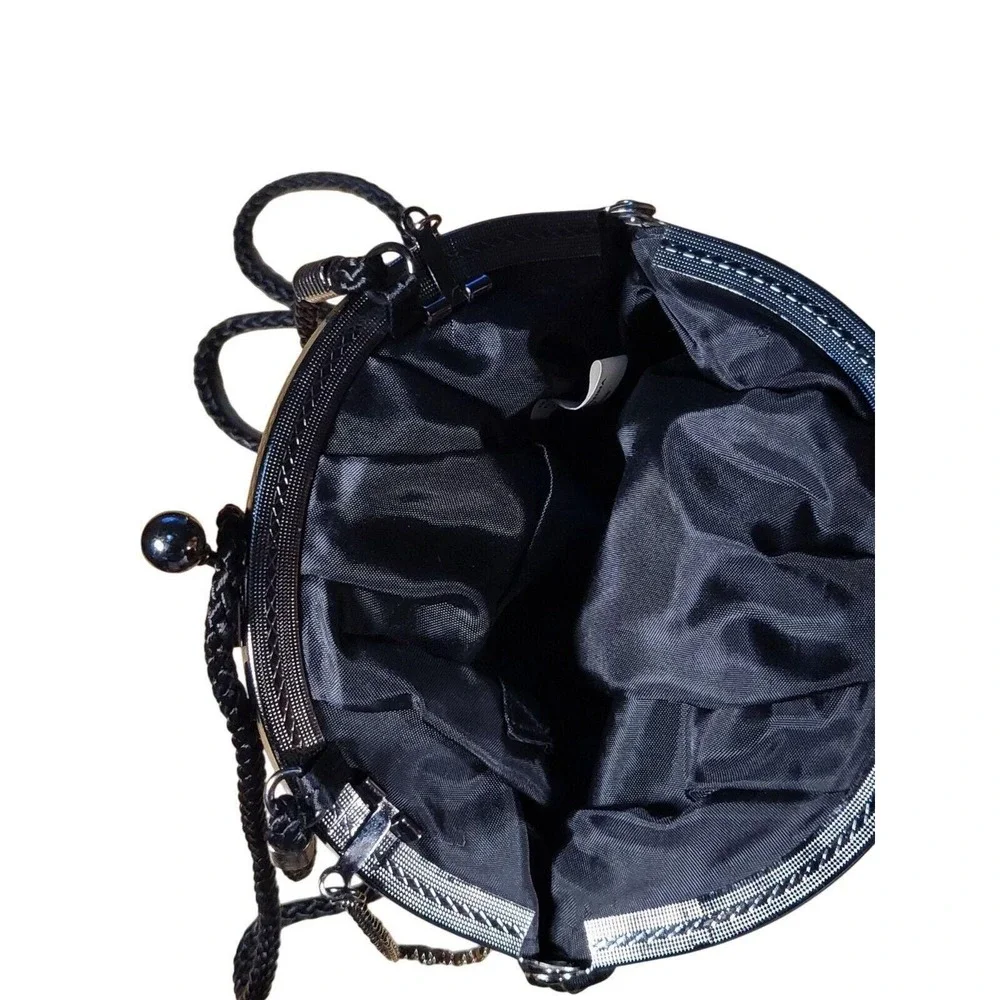 Vintage Black Satin Rhinestone‎ Clutch Bag Kiss Lock Gothic Evening Prom Purse